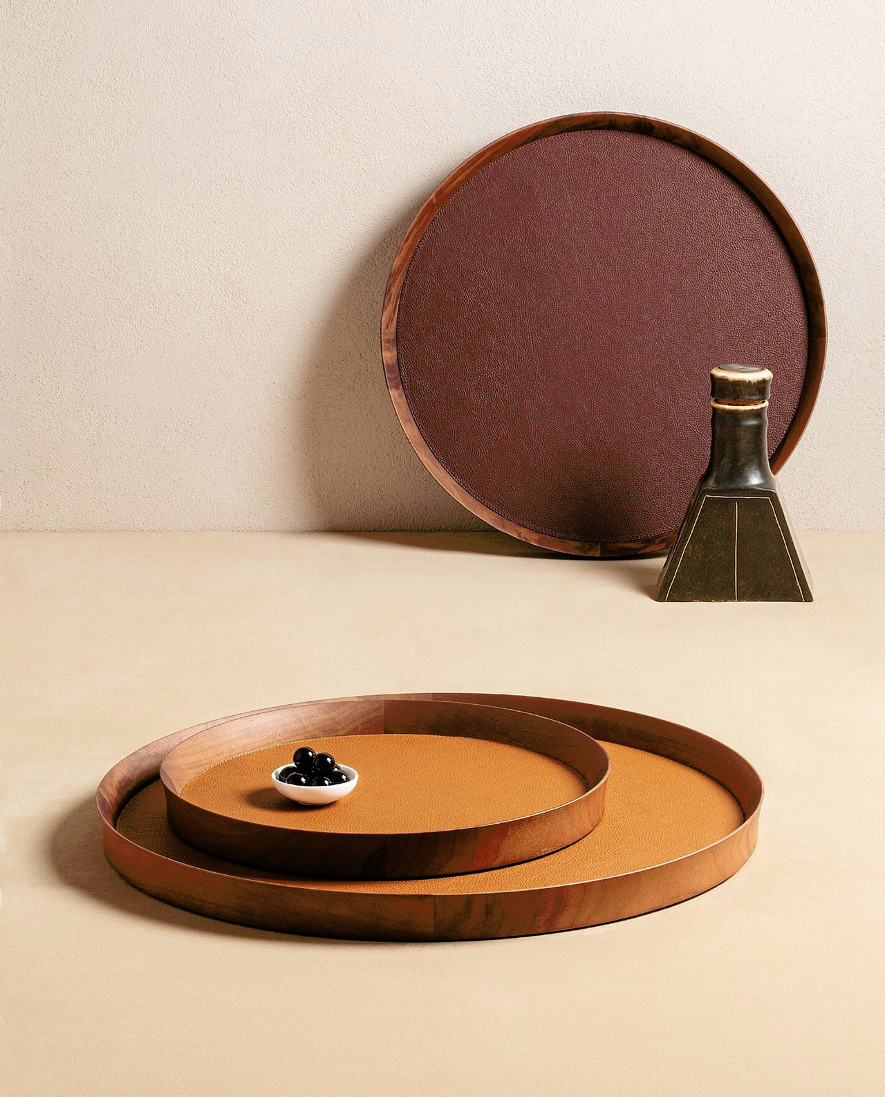 Round Tray with Leather Inlay, view 4