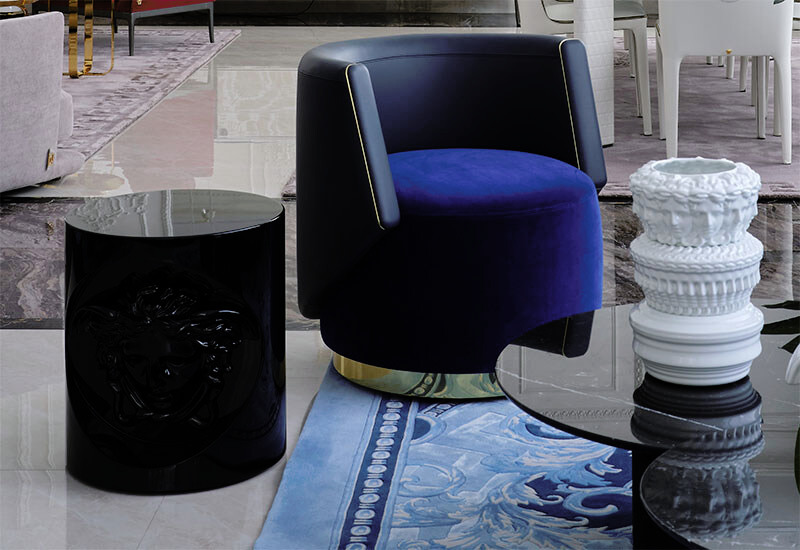 Versace Home Virtus Armchair, VG2 STOOL Coffee Table, Vases