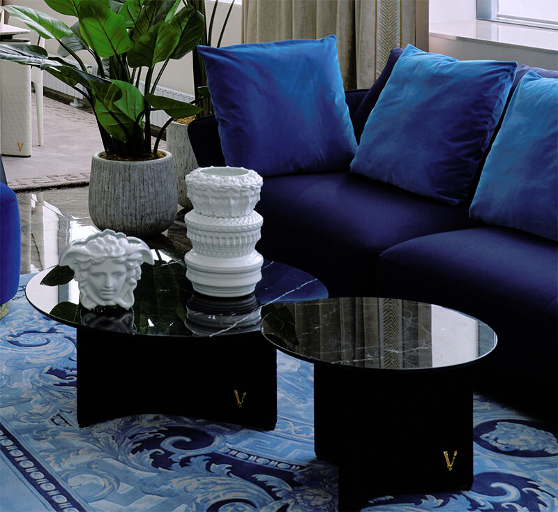 Versace Home Godness Sofa, V-Marble Coffee Table and Vases